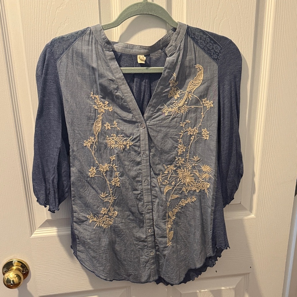 Anthropologie Navy and Beige Embroidered Blouse